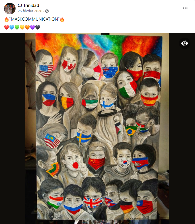 Guillaume_HB's tweet photo. @conspjustice Faux, il s'agit d'un tableau qui date de... février 2020 (artiste CJ Trinidad), le voici sur sa page FB : https://t.co/Ea9j7V3hO5

Et en photo à côté de son tableau intitulé #Maskcommunication

source : snopes
https://t.co/HuGVX3ACgQ https://t.co/gHf8tln98G