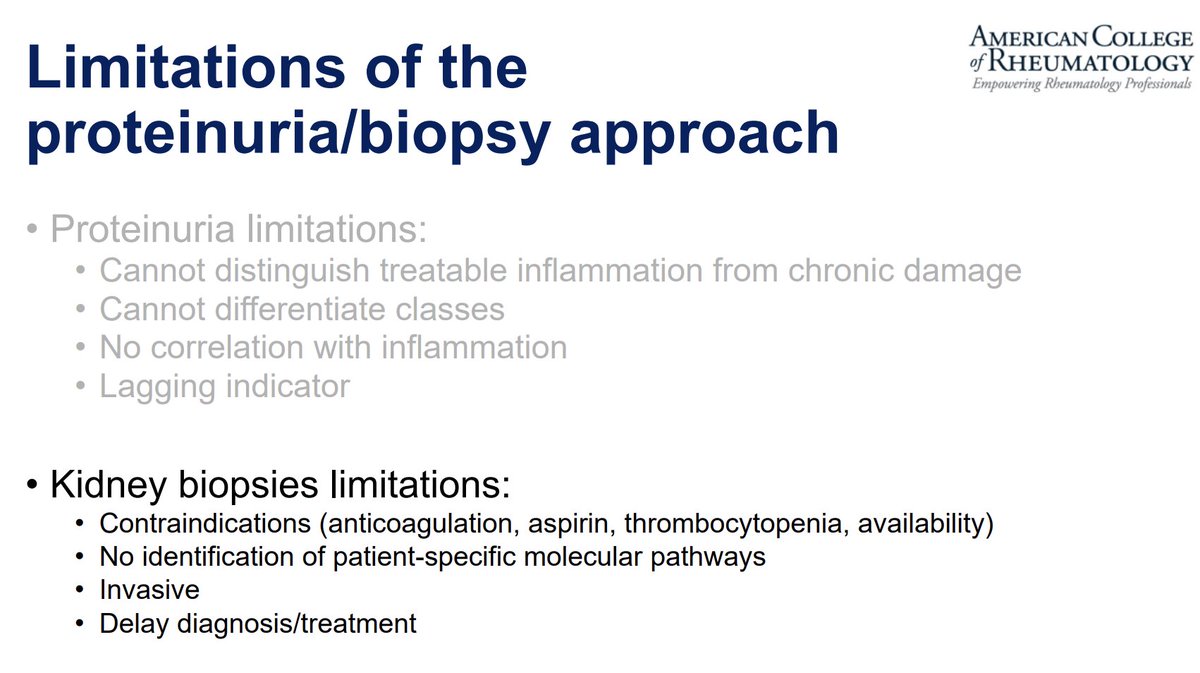 Vaneet K Sandhu, MD, MS, RhMSUS (she/her) 💜💜 (@vksandhumd) on Twitter photo Now watching <a href="/andreafava/">Andrea Fava</a> speaking on biomarkers in lupus nephritis! 8M114
🚨 87% of repeat kidney bx lead to change in Rx 🚨
👉🏽 biopsies have their own limitations
👉🏽 urinary biomarkers may reflect ts bx (liquid biopsy)
✴️urin CD163 ⬆️⬆️ in prolif LN✴️
#ACR21 #ACRAmbassador Now watching <a href="/andreafava/">Andrea Fava</a> speaking on biomarkers in lupus nephritis! 8M114
🚨 87% of repeat kidney bx lead to change in Rx 🚨
👉🏽 biopsies have their own limitations
👉🏽 urinary biomarkers may reflect ts bx (liquid biopsy)
✴️urin CD163 ⬆️⬆️ in prolif LN✴️
#ACR21 #ACRAmbassador