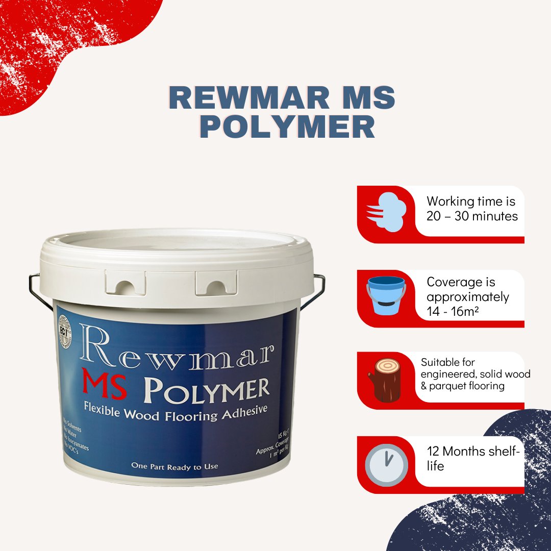 Rewmar MS Polymer 15kg - Flexible wood flooring adhesive which is suitable to use when installing any type of wooden floor to almost any subfloor.

#Adhesive #WoodFlooring #Glue #SolidWoodFlooring