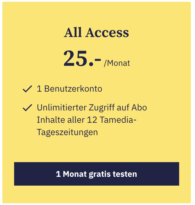 Heute lancieren wir mit dem «All-Access»-Abo als erstes Medienhaus der Schweiz ein titel- und sprachübergreifendes Abo für digitale News. Für 25 CHF pro Monat gibt es unlimitierten Zugang zu sämtlichen Online-Inhalten aller 12 Tageszeitungen von @Tamedia. abo-digital.tagesanzeiger.ch/checkout/speci…