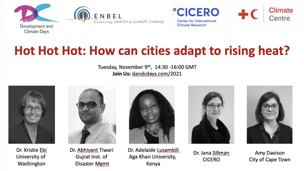 Hot Hot Hot: How can cities adapt to rising heat?
🔥#heat risks
🔥barriers to #action
🔥#adaptation 
Join online w/ <a href="/JanaSillmann/">Jana Sillmann</a> @kristie_ebi <a href="/ABhiyant_Tiwari/"> ABhiyant Tiwari 🌡️⛑️</a> <a href="/RoopSingh/">Roop Singh</a> 
#DCdays21 #COP26
📆 Nov 9 14:30 GMT
Co-hosts: <a href="/RCClimate/">Climate Centre</a> <a href="/CICERO_klima/">CICERO - Center for International Climate Research</a>
Register ➡️ bit.ly/3wmU2ya