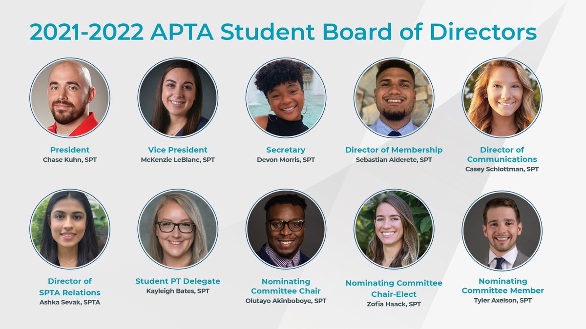 APTA Students (@aptastudents) on Twitter photo Thank you to all candidates who stepped forward to run and to all the students who cast a ballot.
The following members have been elected to serve on our 2021-2022 APTA Student Board of Directors. Thank you to all candidates who stepped forward to run and to all the students who cast a ballot.
The following members have been elected to serve on our 2021-2022 APTA Student Board of Directors.