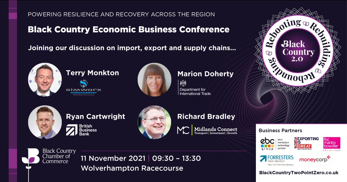 🗣️ | We're delighted to confirm our second set of panel guests for the Black Country Economic Business Conference on Thursday.

Representatives from <a href="/Simworx/">Simworx</a>, @tradegovuk_WM, <a href="/BritishBBank/">British Business Bank</a> and <a href="/MidsConnect/">Midlands Connect</a> will discuss trade and supply chains.

Book 👉 blackcountrychamber.co.uk/events/1111202…