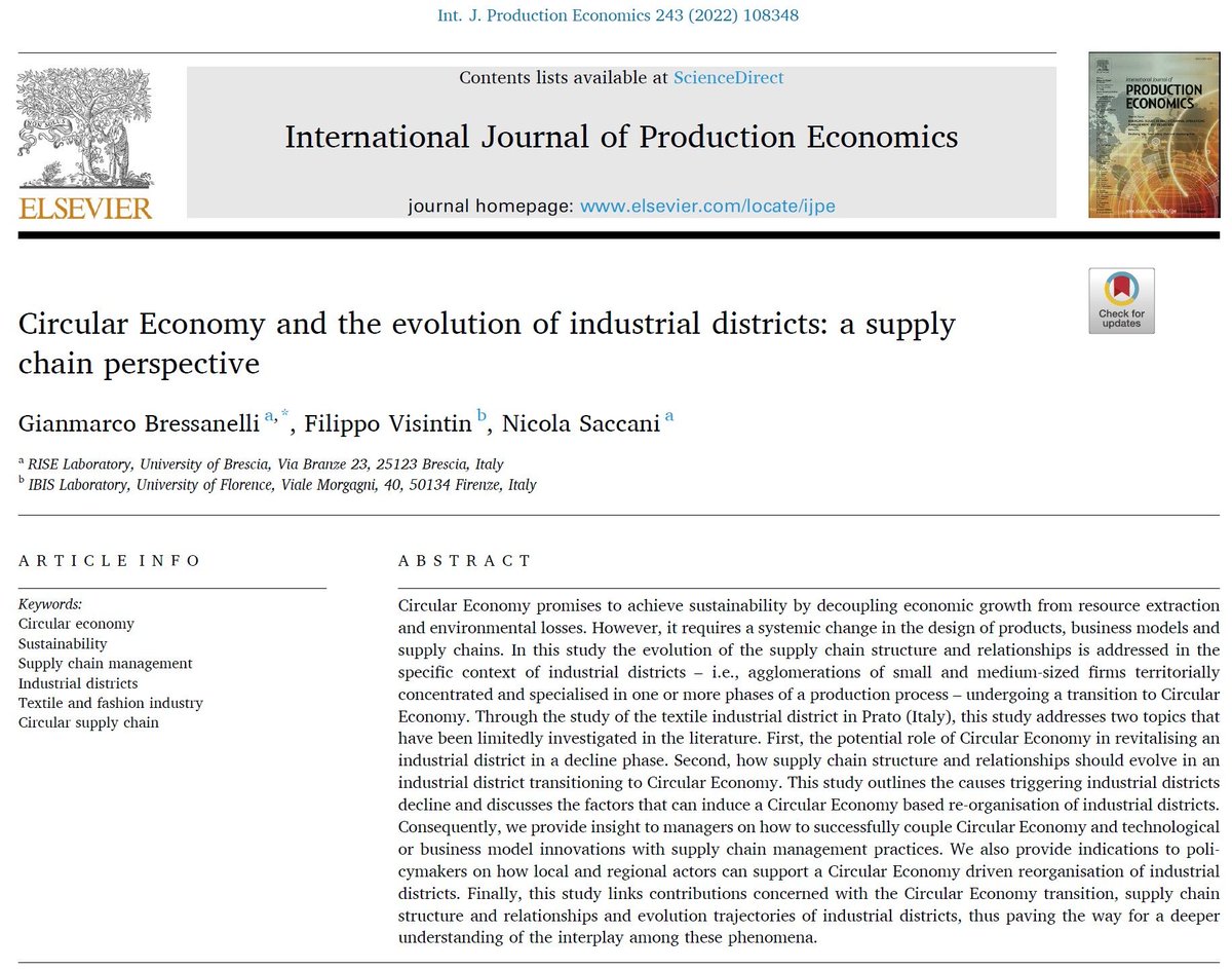 Circular Economy and the evolution of Industrial Districts - A Supply Chain perspective - Freshly published on International Journal of Production Economics. Download here: authors.elsevier.com/a/1e2L13ISCVCi…
#CircularEconomy #CircularSupplyChain <a href="/RiseLabUNIBS/">Laboratorio RISE</a>