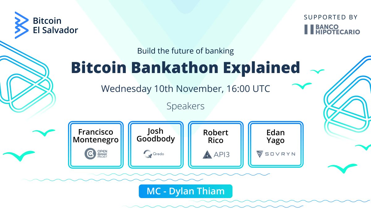 Api3DAO's tweet photo. 📢 Bitcoin Bankathon: Explained
We’re holding our first #hackathon deep dive and live Q&amp;A this week!

📅 Wednesday November 10
⏰ 4 PM UTC / 10 AM El Salvador
🔗 Set a reminder on YT: https://t.co/BE0zW7ieXI

Feel free to drop a question in the comments 👇

#BitcoinBankathon https://t.co/jur19xr7UN
