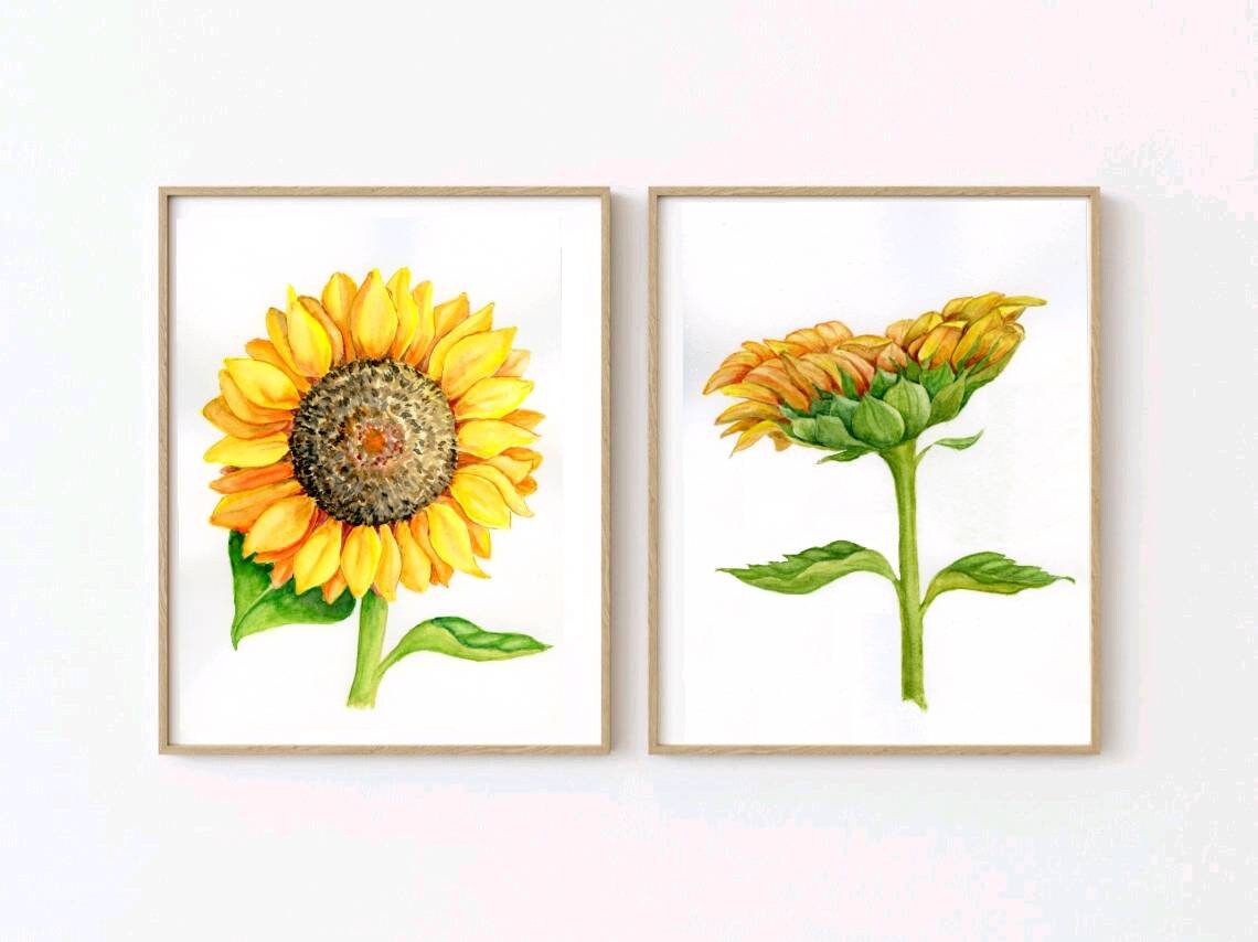 Printable sunflowers watercolor art, sunflowers images, set of 2 digital sunflower print,