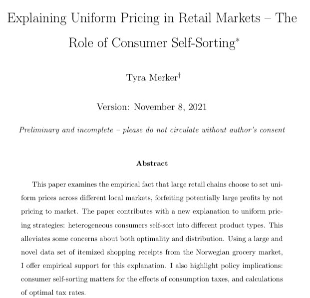 TyraMerker's tweet photo. Why are large retail chains seemingly willing to forego potentially large profits by setting uniform prices instead of pricing to market? 
You can check out my take on this in my job market paper at:
https://t.co/zChOWwXwTV

#EconTwitter https://t.co/jPQgtQNcdW