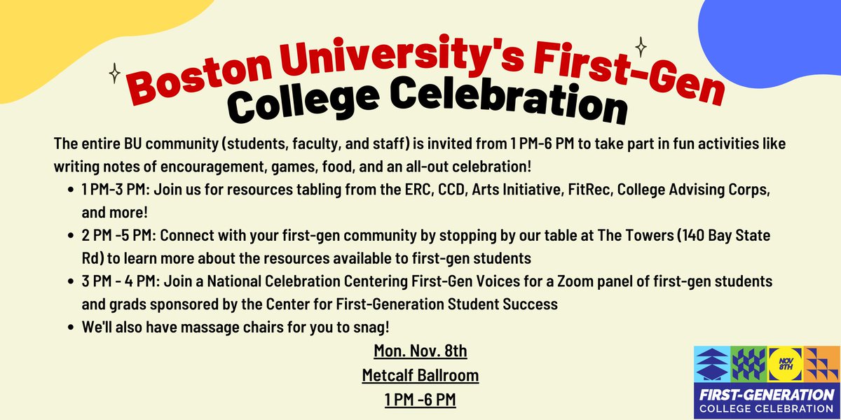 BU_Tweets's tweet photo. #TerrierF1RSTS: Join @BUNewburyCenter TODAY to #CelebrateFirstGen for the BU First-Gen College Celebration! Stop by Metcalf Ballroom for the festivities 🎉 

Details ➡️ https://t.co/AXWkBSNjvl

#FirstGenForward https://t.co/a4kognAZGH
