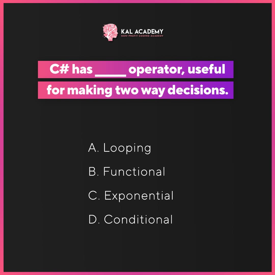 KalAcademy's tweet photo. Do you know the correct answer?

For learning C# for beginners, it is required to have basic computer knowledge and basic knowledge of Object-Oriented programming approach.

Visit our website: https://t.co/2pAigCoKCx
.
.
#kalacademy #reactjs #reactcode https://t.co/WjJsALyhx0