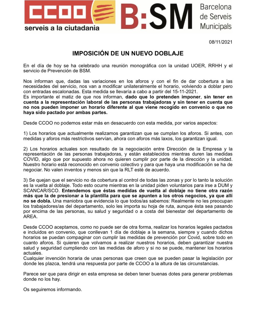 CCOO_BSM's tweet photo. ⚠️ INFORMACIÓ

Així pressiona BSM al seu personal:

La salut de les treballadores ja no importa per a @bcn_ajuntament ?

Davant del gran procés d’ampliació places de #AreaVerda i #AreaBlava que afronta BCN, s’està deixant de banda l’atenció personal amb els ciutadans https://t.co/CtHX7JTmym
