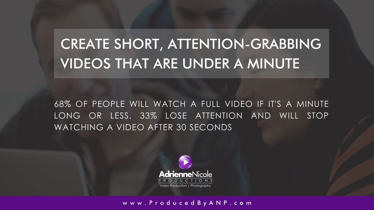 ProducedbyANP's tweet photo. When creating #videos to share, short and sweet is best! Industry statistics show that 68% of people will watch a full video for a minute or less, and 33% click away after 30 seconds.
#ProducedbyANP #ANP #tips #videotips #videostatistics #videomarketing https://t.co/sa2jTuLig0