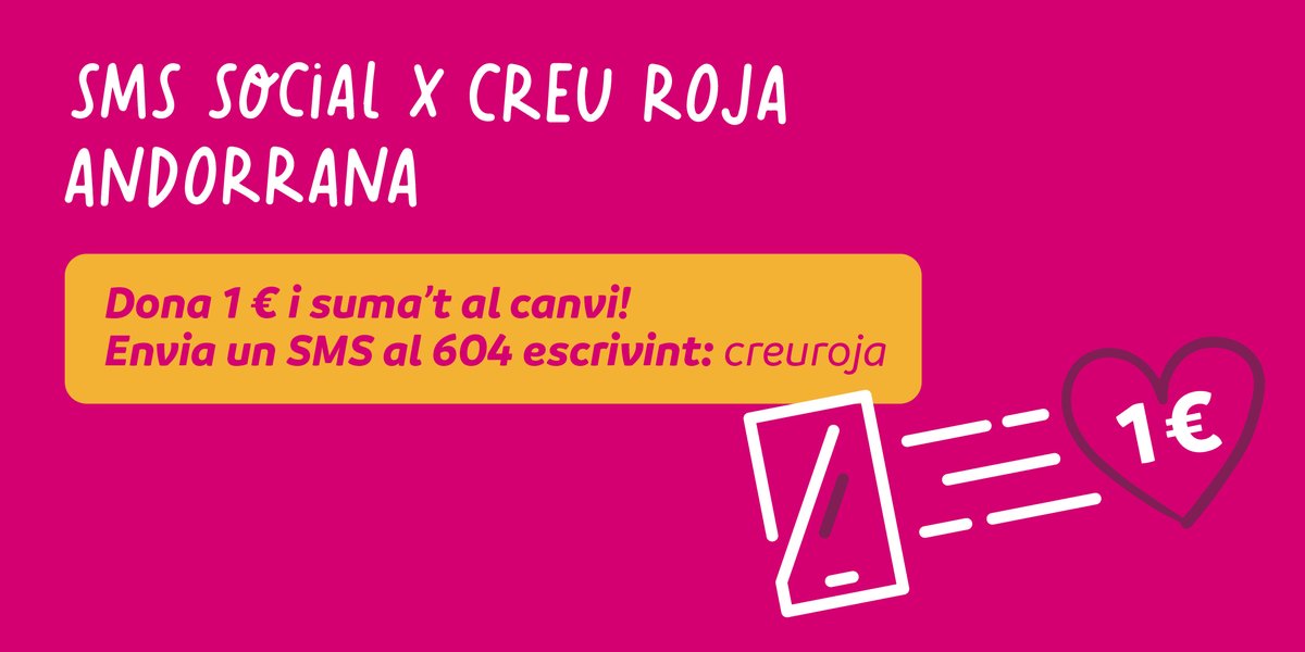 creuroja's tweet photo. Encara no t'hi has sumat? 🧐
La campanya d'SMS Social d'Andorra Telecom a favor de les ONG del país està en marxa. 🇦🇩
Un petit gest que representa molt per als qui més ho necessiten. 🥰
#Donacions #SmsSolidari #CRA https://t.co/hHLYKhPzS7