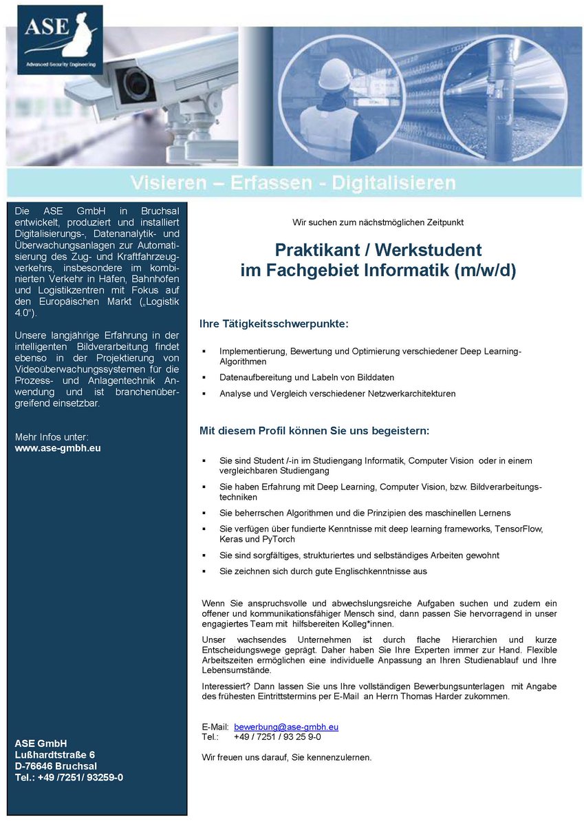 ASE_GmbH's tweet photo. Wir suchen zum nächstmöglichen Zeitpunkt eine studentische Hilfskraft zur Unterstützung unserer Softwareabteilung. 
#Informatik #Studierende #KIT #Bildanalyse https://t.co/aZmxFUofUk