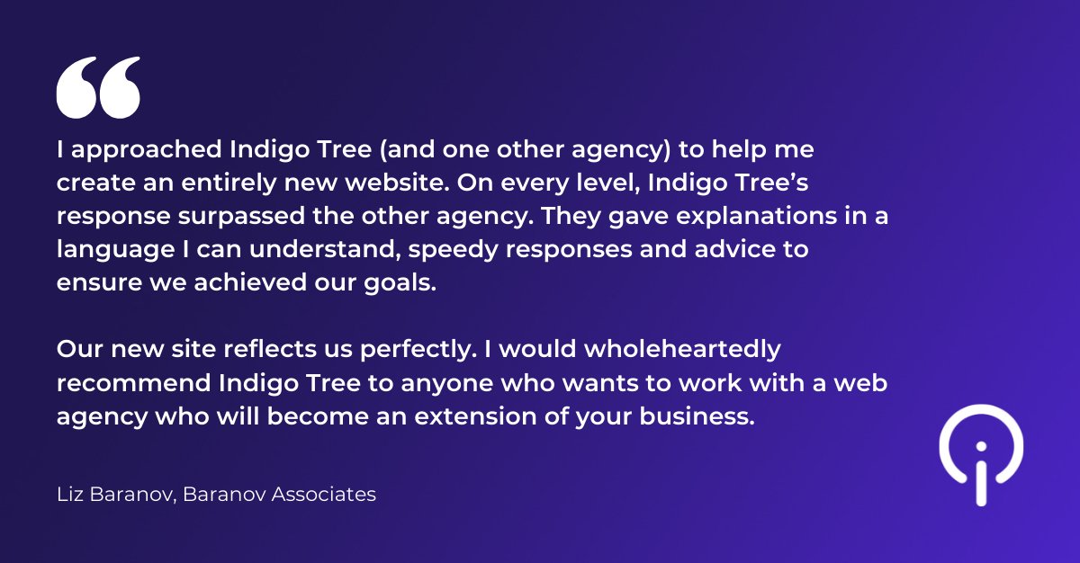 IndigoTreeSays's tweet photo. We have known Liz and Chris at @BaranovAssocs for over a decade and enjoy working on their website https://t.co/nGG22aWPNE.
We always try to make the technical aspects easy to understand whilst working closely to achieve their #goals.
#MondayMotivation #HappyClient https://t.co/0OJAJTtBnC
