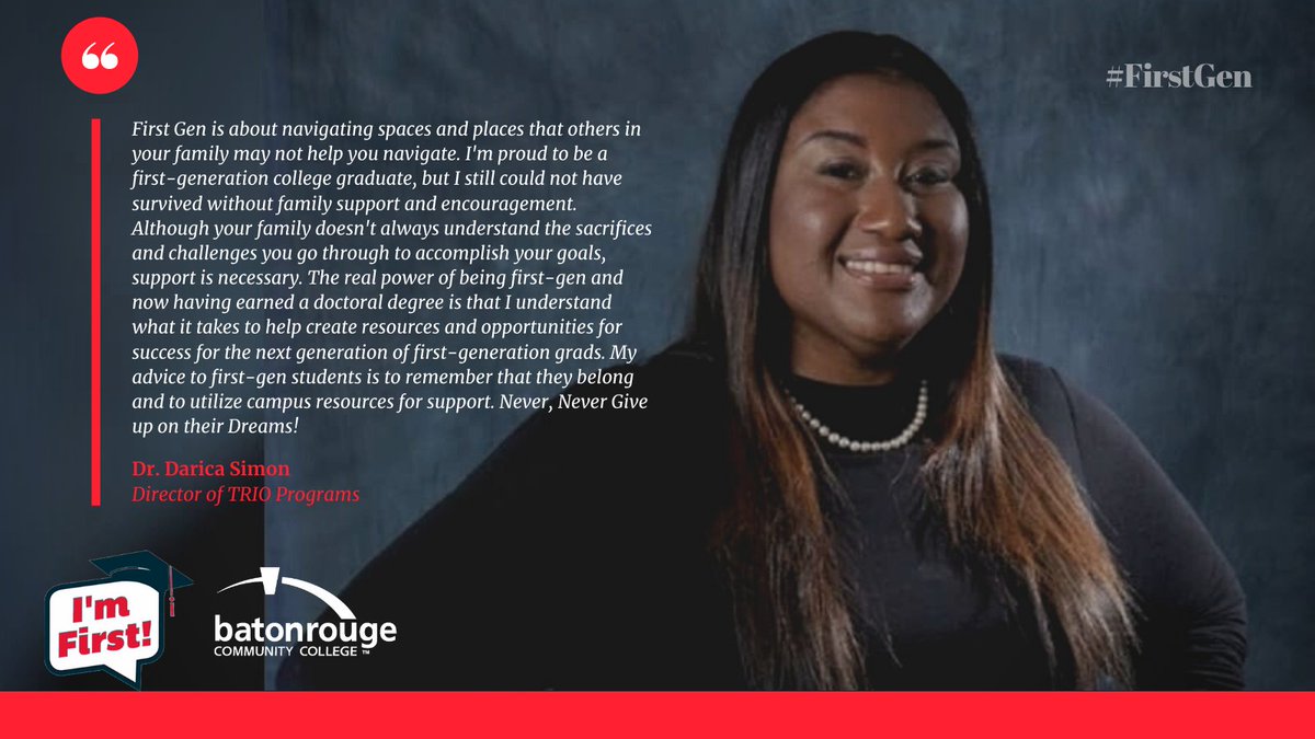 MyBRCC's tweet photo. Dr. Darica Simon, #MyBRCC Director of TRiO Programs is proud to be a #firstgen college graduate. Through her role at BRCC, she gets to support and help guide first generation-students and she encourages them to never give up on their dreams! #celebratefirstgen  #ImFirstGenAtBRCC https://t.co/apLkB5d3As