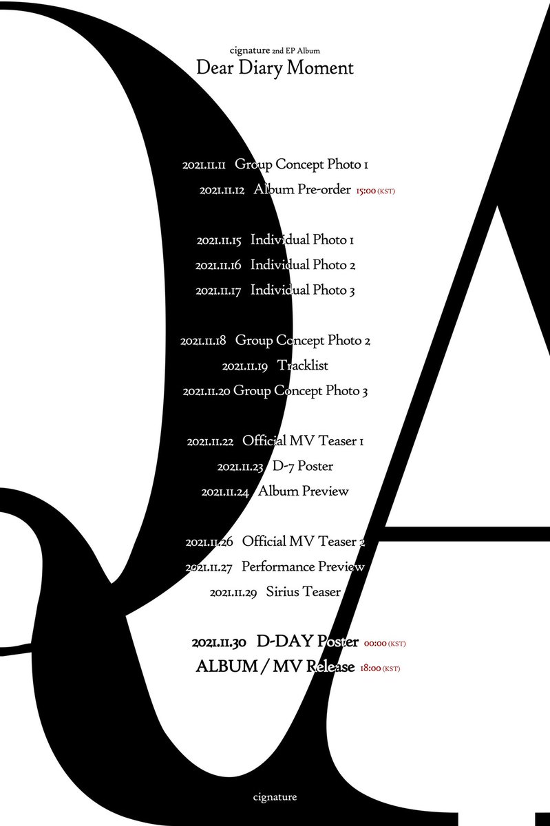 [📗] 

시그니처(cignature) 2nd EP Album
'Dear Diary Moment'
Promotion Scheduler

2021.11.30 6PM

#시그니처 #cignature #채솔 #지원 #셀린 #클로이 #벨 #세미 #도희 #DearDiaryMoment