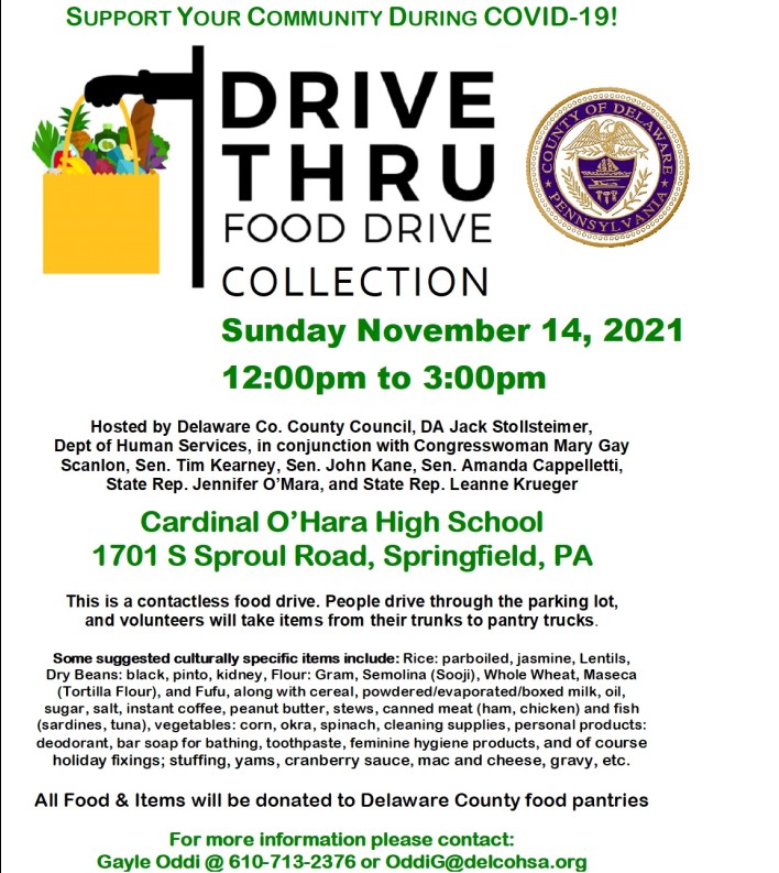 da_delco's tweet photo. Please consider stopping by the County's DRIVE THRU food drive this Sunday, November 14 from noon to 3pm at Cardinal O'Hara High School. Donations of non-perishable food are needed to help us help Delaware County food pantries. https://t.co/sv7AEnrWXh