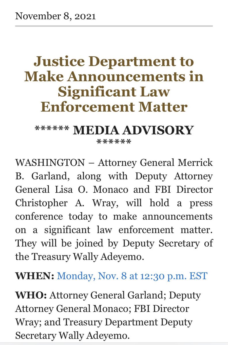 IndictmentTime's tweet image. #BREAKING: AG Garland, FBI Director Wray, Deputy AG Monaco, and Deputy Treasury Secretary Adeyemo will announce a press conference today for a "significant law enforcement matter" at 12:30PM ET.