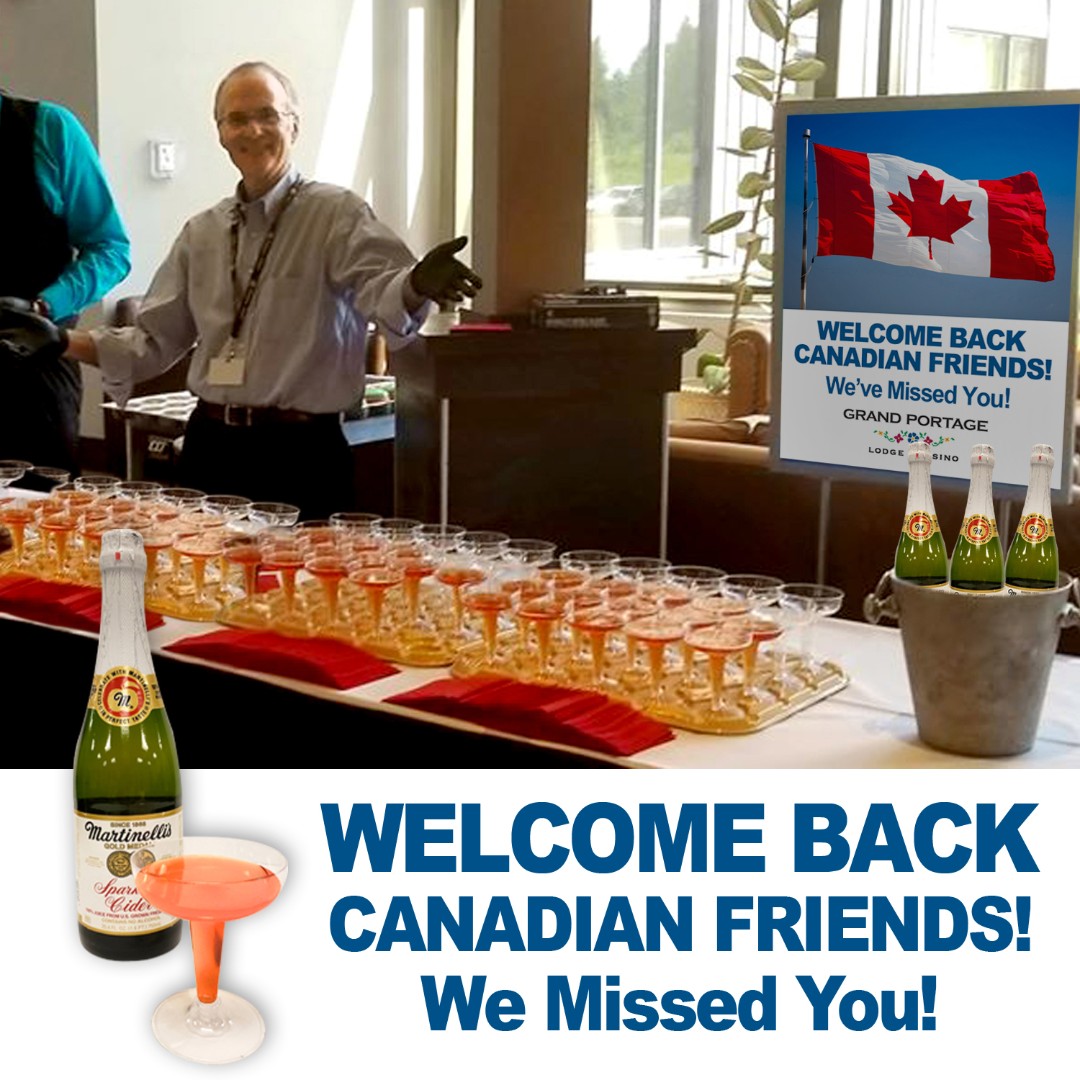 gportagecasino's tweet photo. Come celebrate the return of our Canadian friends with a free bubbly toast (non-alcoholic sparkling cider) in our lobby. Starting at 1pm (while supplies last). https://t.co/Mr40HfBq3Q
#borderopen #canada #us #grandportage https://t.co/dJiRfDV1HV