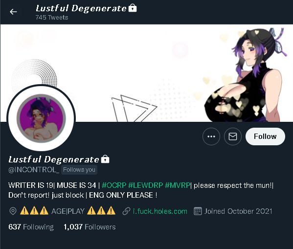 //While looking through his following, turns out that I have another nasty ageplay follower. Get shamed, boi. You nasty kiddy fucker.
