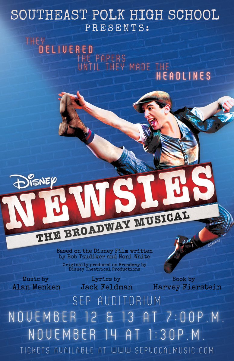 Extra! Extra! Read All About It!  Come see Southeast Polk's Vocal Music department bring the broadway sensation NEWSIES to life November 12 &amp; 13 at 7pm and November 14 at 1:30pm.
Tickets are available online at sepvocalmusic.com. Get yours now! #1SEP