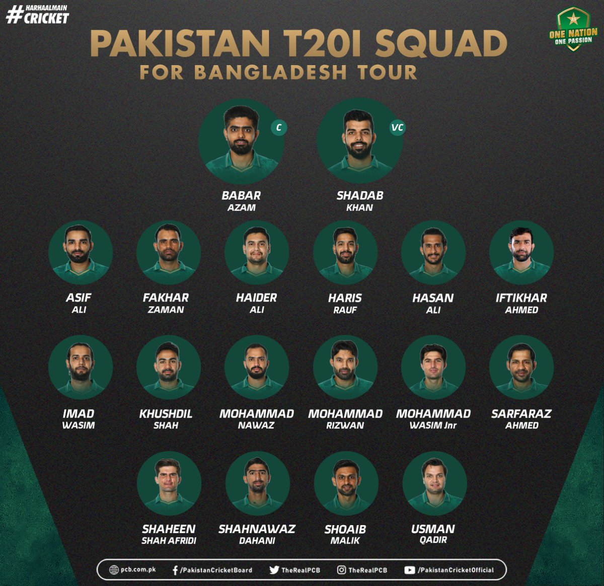 TheRealPCB's tweet photo. 📢 Pakistan squad for Bangladesh T20Is 📢

More details: https://t.co/Q5uORC7LQq

#BANvPAK | #HarHaalMainCricket https://t.co/VbSsoeXb12
