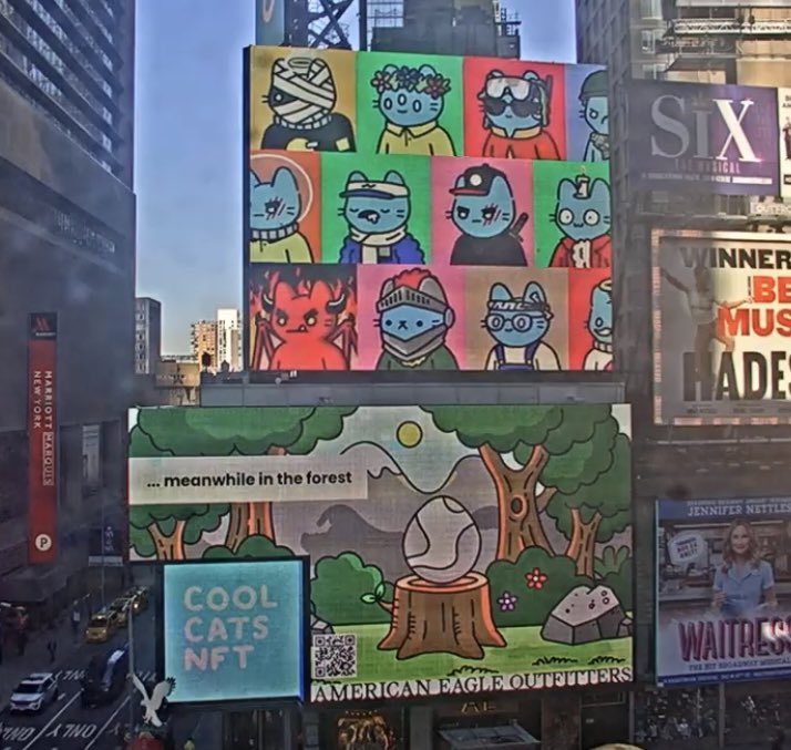 ItsTymo's tweet photo. Gm y’all! Today I woke up to see my @coolcatsnft featured on a billboard in Time’s Square, next to legends like @hi_sighduck, @Yakobesan, @McScreebs, and @LiveLans. I can’t even explain how cool this feels. Feeling very fortunate and inspired today. ❤️#WLTC https://t.co/zWuh0TIzNV