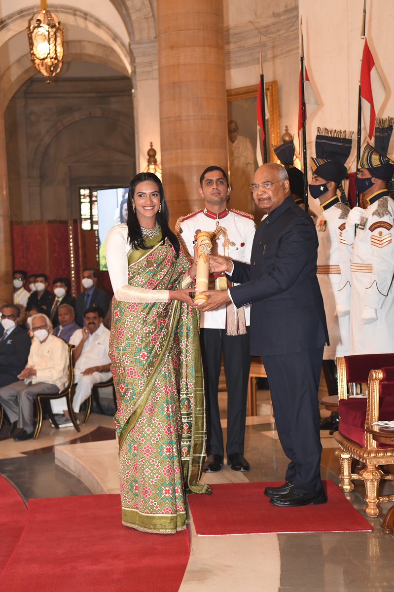 Pvsindhu1's tweet photo. I am truly humbled and blessed to receive the Padma Bhushan award from our Hon'ble President of India Shri Ram Nath Kovind sir. Extremely grateful to the Government of India for this prestigious honour! 🙏 @rashtrapatibhvn https://t.co/jLsdFzBVnv
