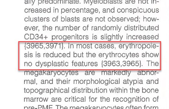 sanamloghavi's tweet photo. The degree of erythroid hyperplasia is unusual for PMF.. remember PMF is an erythroid-depleting disease (text screenshot from WHO 4th ed) https://t.co/5Vb1mds0Ca