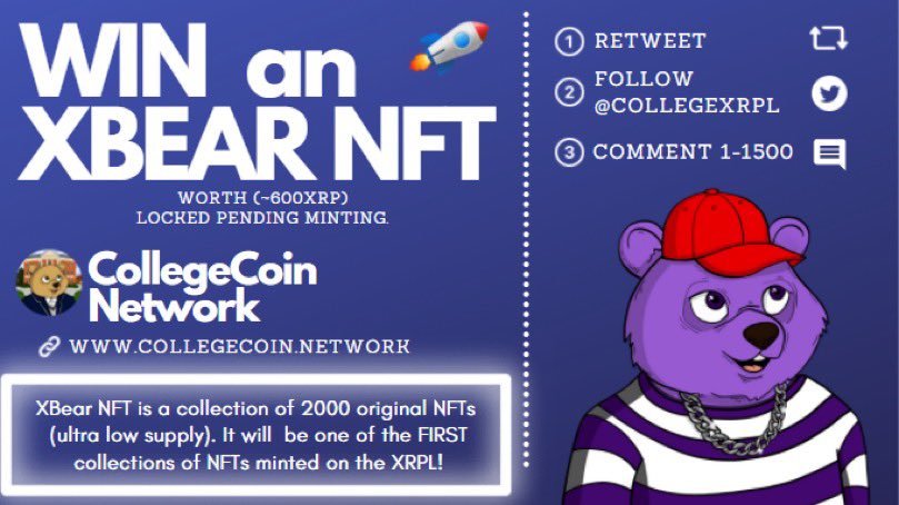 JennaXCrypto's tweet photo. WIN an XBEAR NFT (600 XRP!)

To enter:
🔃 RETWEET 🔃
✅FOLLOW @CollegeXRPL &amp; Me
🐻COMMENT 1-1500
🕐48 HRs

BUY / NFT / DISCORD WEBSITE:
https://t.co/cu2a7VmcS4

XBEAR NFT is a collection of 2000 Original NFTs (low supply!) 
One of the first #NFT collections minted on the #XRPL !! https://t.co/CBnzr6NSnG