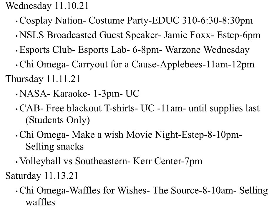 ECUTigerOCI's tweet photo. We have some much going on this week make sure you get out and support our clubs and organizations! https://t.co/3dkh0b7dG7