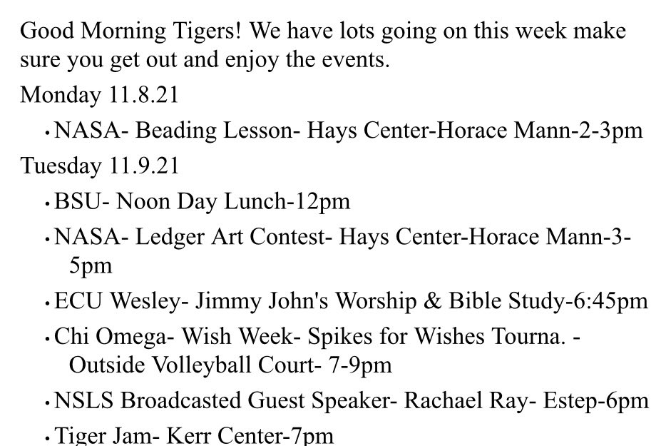 ECUTigerOCI's tweet photo. We have some much going on this week make sure you get out and support our clubs and organizations! https://t.co/3dkh0b7dG7