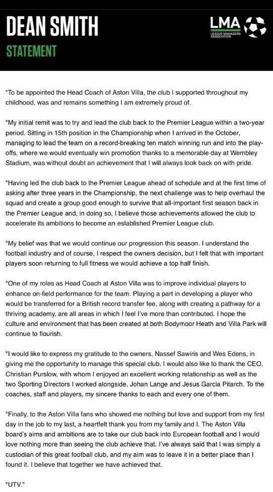 SquawkaDugout's tweet photo. Dean Smith's statement following his Aston Villa exit... 

"Finally, to the Aston Villa fans who showed me nothing but love and support from my first day in the job to my last, a heartfelt thank you from my family and I." ♥️

📝@LMA_Managers 

#AVFC https://t.co/GmYg34eSvx