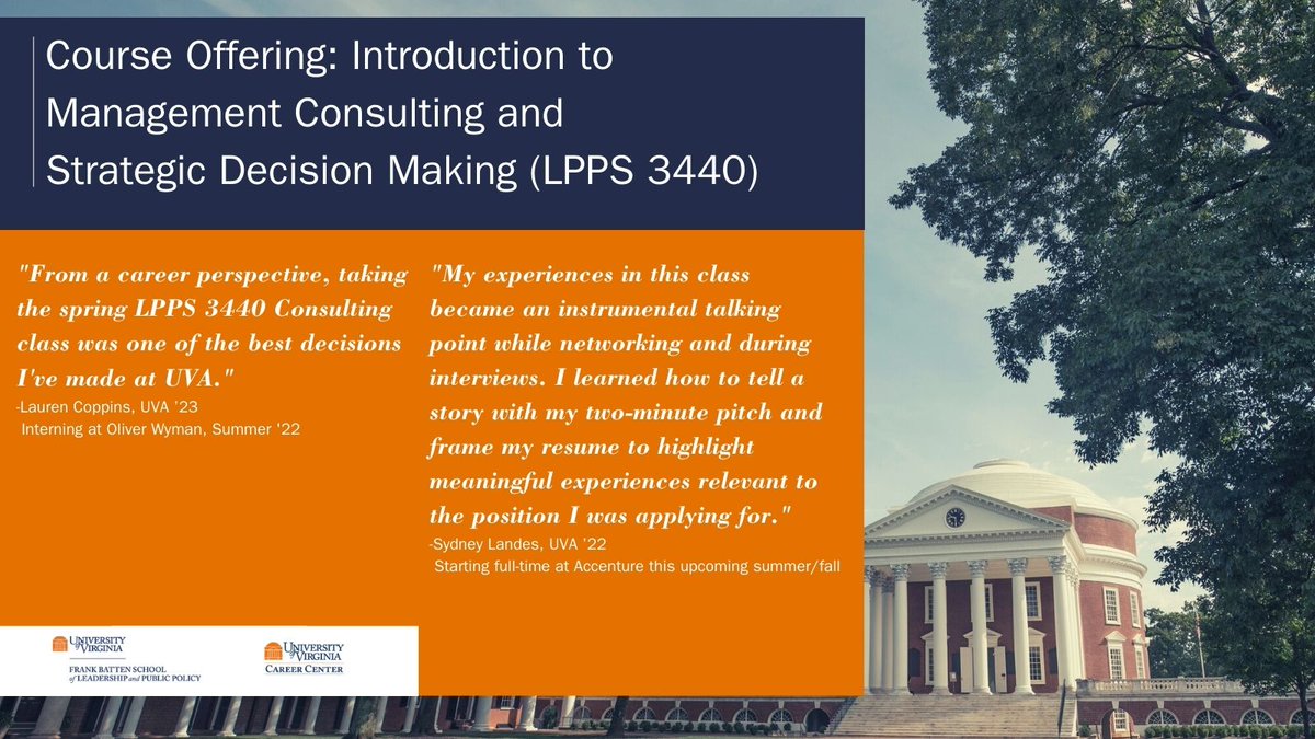 Looking for an elective for J-term that combines career skills development, career exploration, and academic credit? Consider LPPS 3440: Introduction to Management Consulting and Strategic Decision Making!
J-Term registration link: 
sisuva.admin.virginia.edu/psc/ihprd/UVSS…