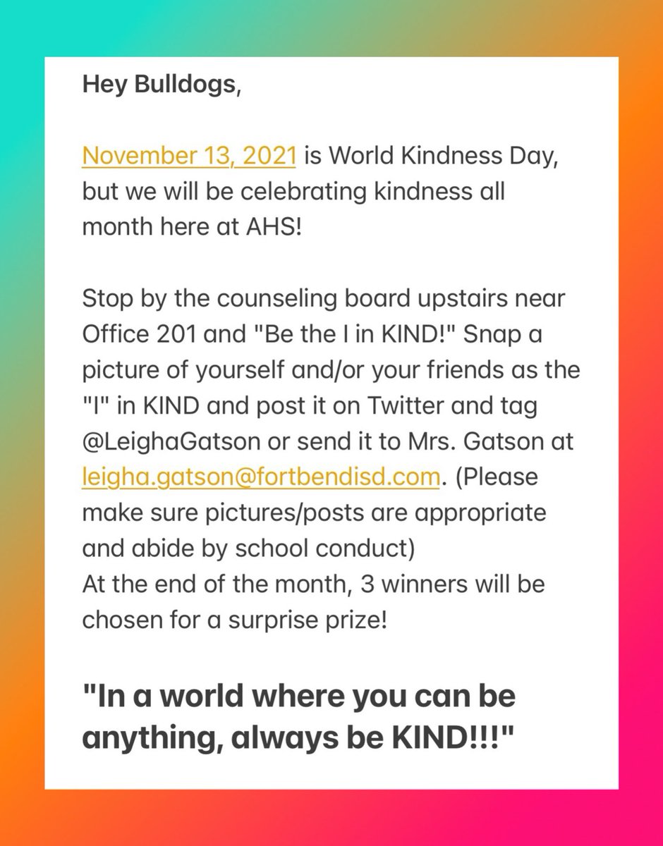 MsLeighaB's tweet photo. Hey @SFAHS_Bulldogs students &amp; staff…
It’s KINDNESS Month🤗
Let’s celebrate by being the ‘I’ in Kind &amp; being kind to someone today and everyday after! Can’t wait to see your pics 👏🏽

#beKind #kindness #betheIinKIND https://t.co/3WX52oTaJf