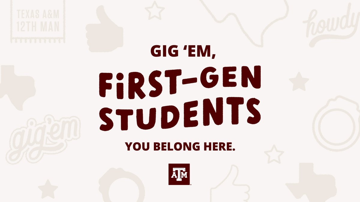 TAMU's tweet photo. Gig 'em to the nearly 25% of students at #TAMU who are first-generation college students! 👍
Happy #FirstGen Day to our Aggies who are beginning these new traditions in their families! #CelebrateFirstGen https://t.co/IqwBEmg6OX