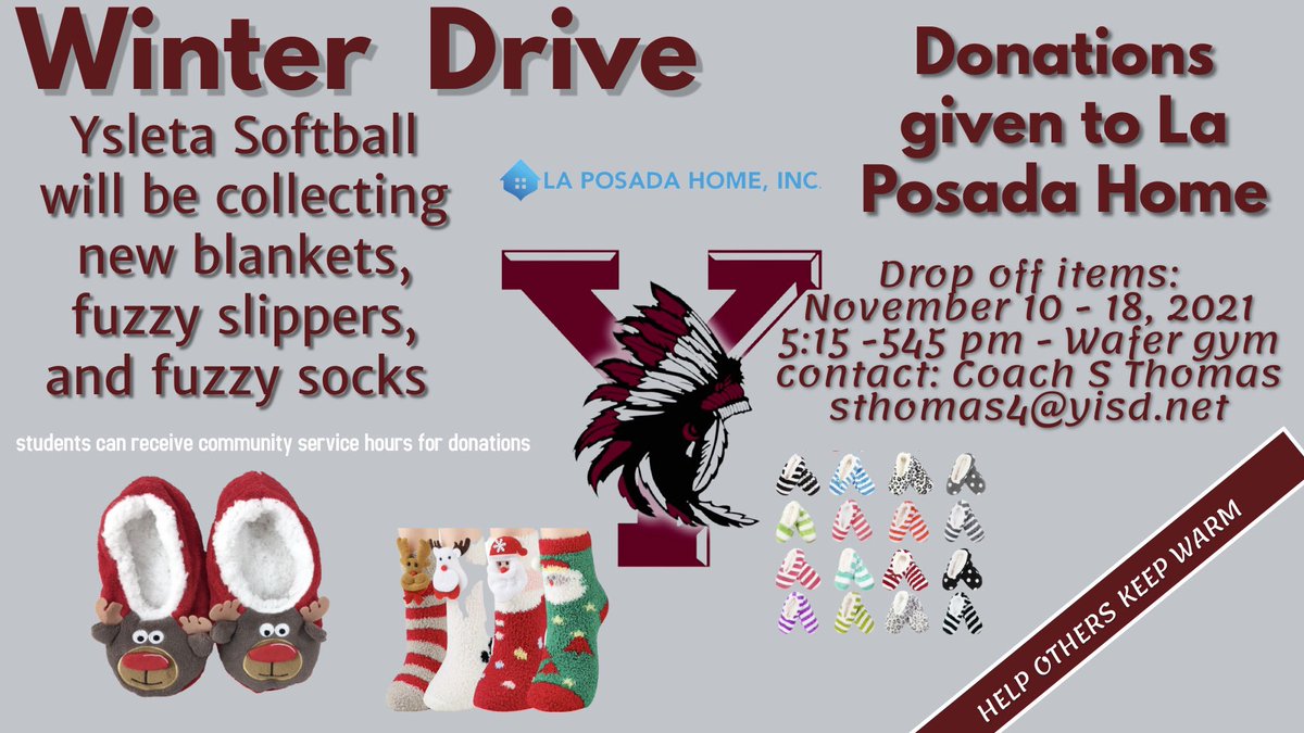Winter drive starts this week! Please help by donating blankets, fuzzy slippers and socks! <a href="/YsletaHS/">Ysleta HS</a> <a href="/YsletaSports/">Ysleta HS Athletics</a> <a href="/YsletaHSIndians/">Ysleta High School Indians</a> 
Please share on social media