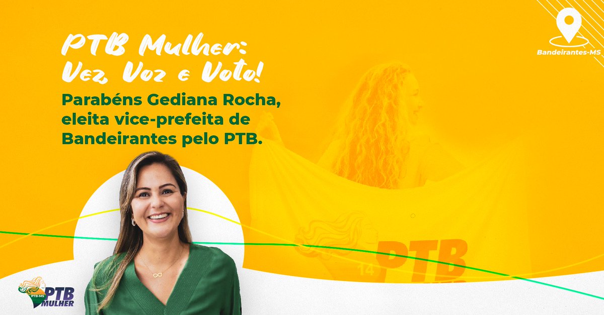 ptb_ms's tweet photo. O protagonismo feminino se fortalece com a participação efetiva da mulher na política, em Bandeirantes-MS, o PTB tem feito a sua parte. Parabéns Gediana Rocha.🥰🥇 🟡🟢#PTBMS #PTB14 https://t.co/oCNHOhBSDN