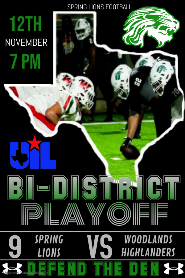 Spring Lions HS Football (@springfootball) on Twitter photo The journey begins this Friday! We need everyone to come out to Woodforest Bank Stadium and help #DefendTheDen! #txhsfb #txhsfbplayoffs
<a href="/CoachTMiller18/">Trent Miller</a> <a href="/ResendizEDU/">Pablo Resendiz</a> <a href="/SPRINGHIGHLIONS/">Spring High School</a> <a href="/SISDAthletics/">SISD Athletics</a> <a href="/ajacinto3/">ajacinto,CAA</a> <a href="/SpringISD/">Spring ISD</a> The journey begins this Friday! We need everyone to come out to Woodforest Bank Stadium and help #DefendTheDen! #txhsfb #txhsfbplayoffs
<a href="/CoachTMiller18/">Trent Miller</a> <a href="/ResendizEDU/">Pablo Resendiz</a> <a href="/SPRINGHIGHLIONS/">Spring High School</a> <a href="/SISDAthletics/">SISD Athletics</a> <a href="/ajacinto3/">ajacinto,CAA</a> <a href="/SpringISD/">Spring ISD</a>