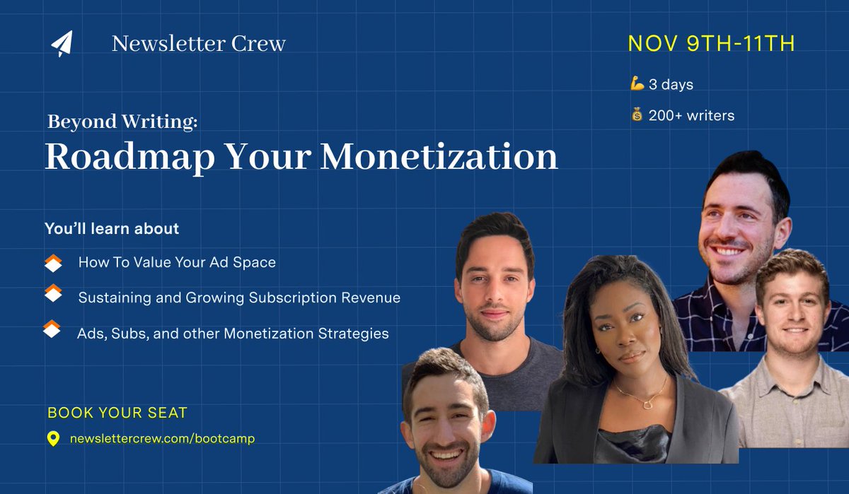 newslettercrew's tweet image. 🚀 Kicking off tomorrow, our next #BeyondWriting bootcamp!

Details: newslettercrew.com/bootcamp