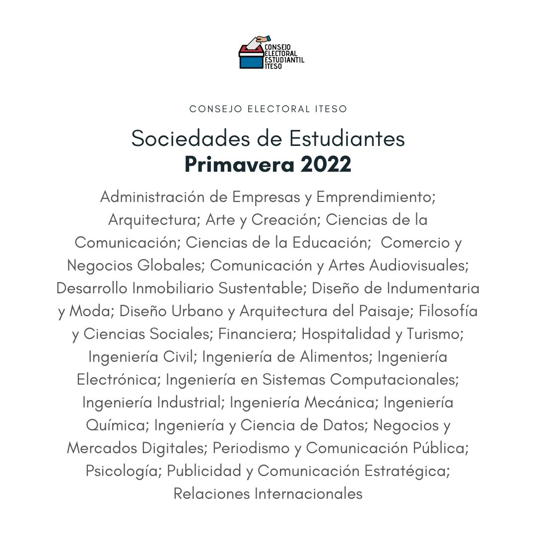 EleccionesITESO's tweet photo. El registro de planillas para participar en las elecciones Primavera 2022 se encuentra cerca ¿Estas listo para representar la Sociedad de Estudiantes de tu carrera? 
consejoelectoral@iteso.mx #eleccionesITESO
Para más detalles, consulta los requisitos en:  https://t.co/Qpd1wuK8jD https://t.co/A5w6MvZUSp