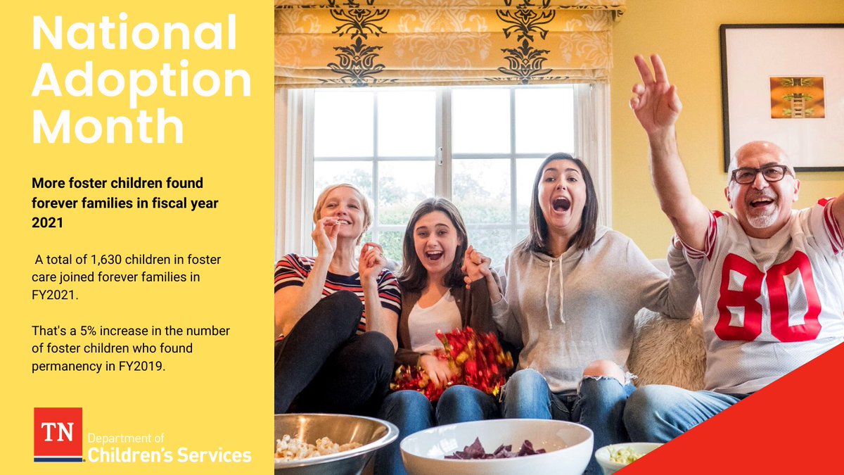 We're still celebrating the 1,630 children who exited foster care and found their forever families in FY21!  Join us in congratulating these families by sharing this great news. To learn more about foster care &amp; adoption in TN go to tnfostershope.tn.gov. #NationalAdoptionMonth