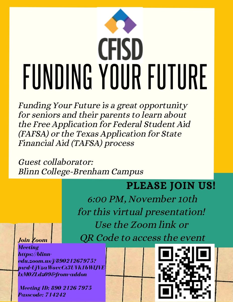 cyspringsccs's tweet photo. Please join us for Funding Your Future! A virtual event designed to provide more information of the FAFSA and TASFA completion process. https://t.co/WuvVPIsm1c