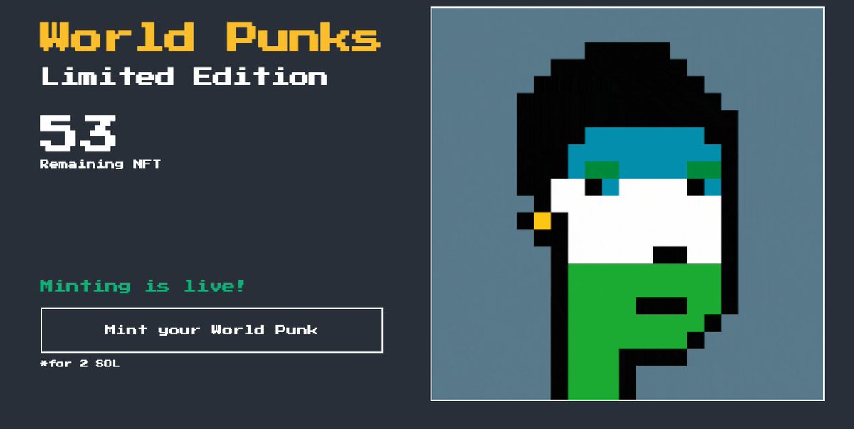 worldpunksclub's tweet photo. 🔥Only 53 WorldPunks left! hurry up! 🔥
👉 https://t.co/4jtSPPNnFj

#SolanaNFT #NFT #NFTcollection #worldpunks #cryptopunks https://t.co/JHe1DpojpK