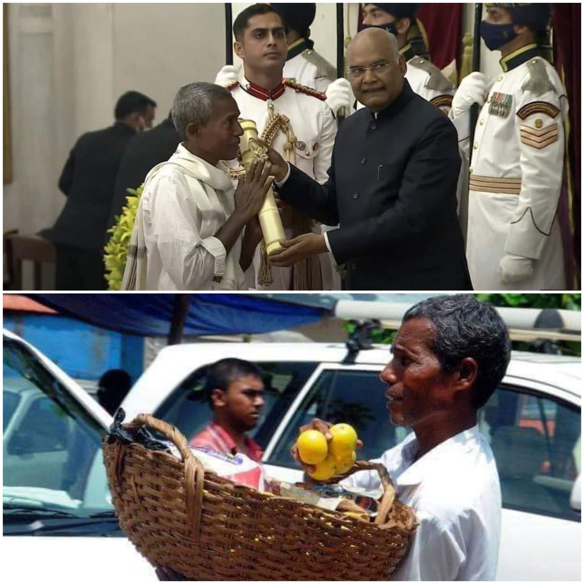 Sandysharma01's tweet photo. Harekala Hajabba Ji, a fruit-vendor from Karnataka's Mangaluru, who built a school in his village from his earnings, was conferred with the Padma Shri award today. 
@_SRK_201  @ManishJangidJNU https://t.co/uVOmftD3J7