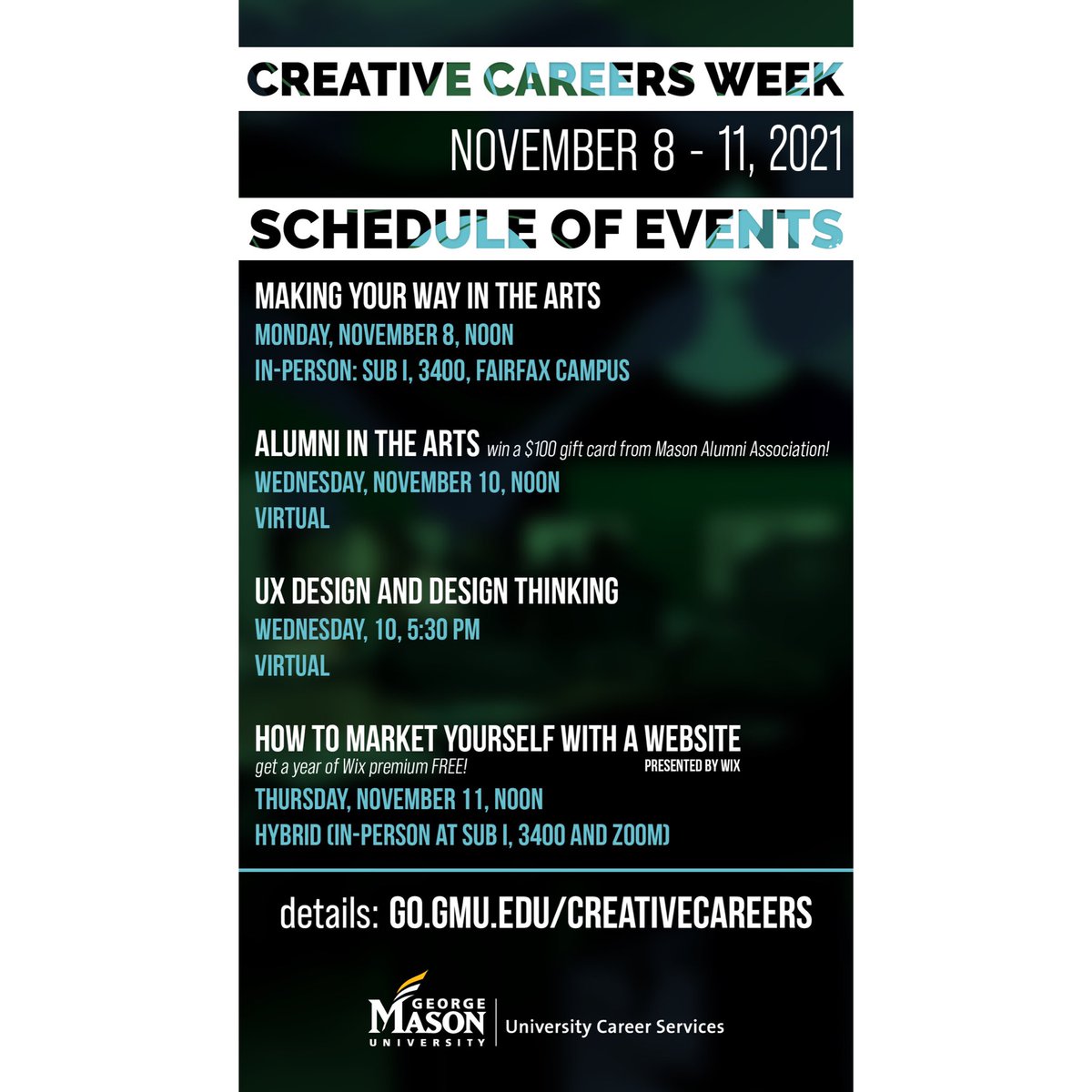 Attention #MasonNation! Creative Career Weeks is starting today! If you’re interested in a career in arts, media, communications, and/or design join us for a variety of events geared toward you! #CreativeCareers #GMU