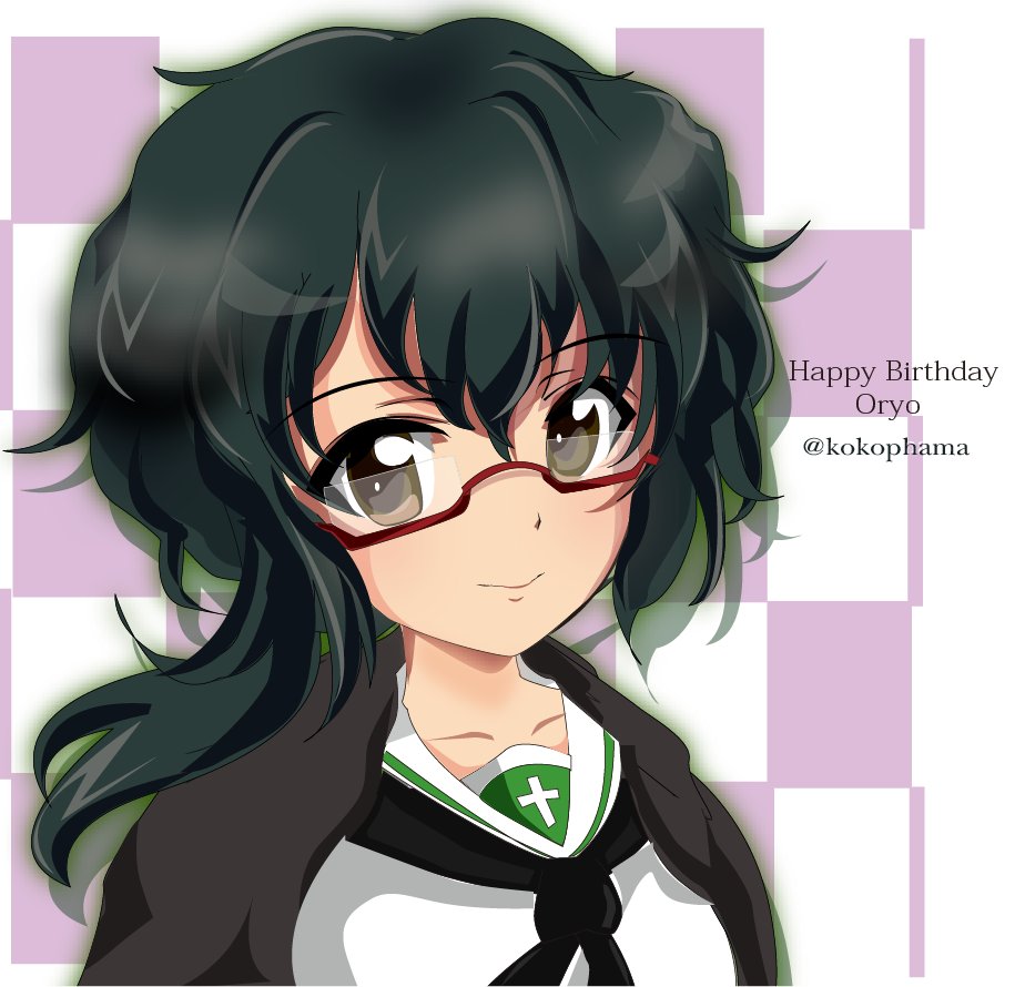 1girl solo ooarai school uniform school uniform checkered background glasses haori  illustration images