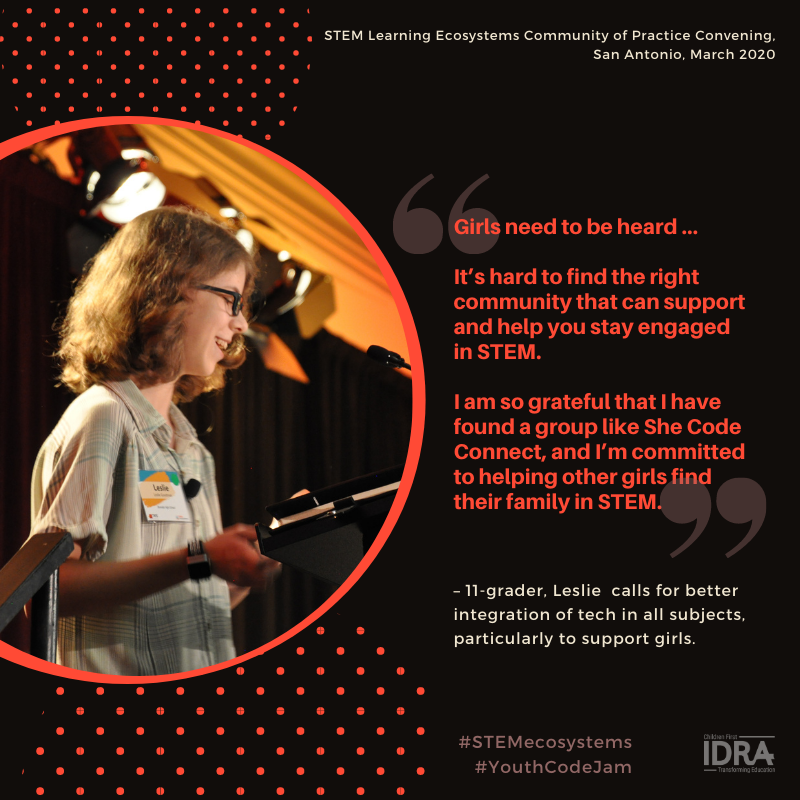 IDRAedu's tweet photo. For #nationalSTEMday, @IDRAedu features student #STEMtalks: 11th-grader, Leslie calls for better integration of tech in all subjects, particularly to support girls: https://t.co/Fofo2ym4Cn
#stemecosystems @nisdBrandeis #GirlsinTech #GirlsInSTEM #YouthCodeJam #SheCodeConnect https://t.co/rIDl7kW6dP