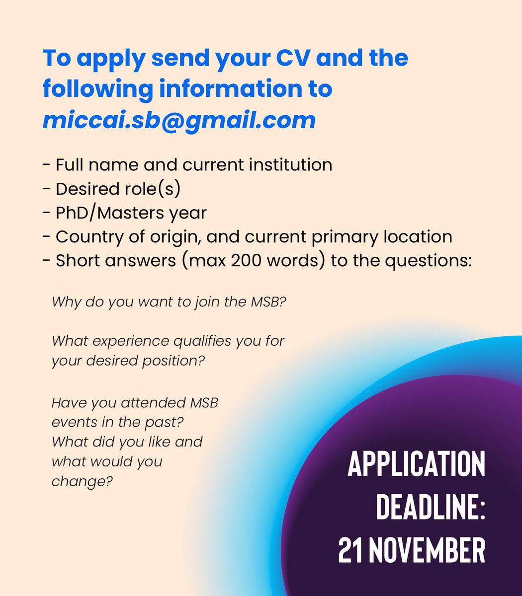 MICCAI Students (@miccaistudents) on Twitter photo The MICCAI Student Board is looking for new members!
To join our team as Educational Officer, Sports Officer, Webinars Officer or Executive Officer, send your application to miccai.sb@gmail.com by Sunday, November 21st. 📩 The MICCAI Student Board is looking for new members!
To join our team as Educational Officer, Sports Officer, Webinars Officer or Executive Officer, send your application to miccai.sb@gmail.com by Sunday, November 21st. 📩