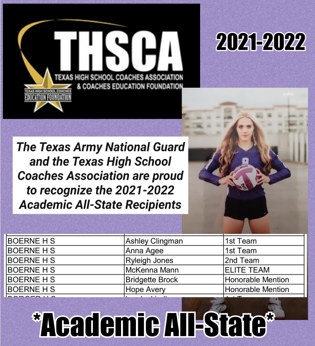 Thank you for Academic All-State recognition. Honored to share this with some of my teammates. Congrats <a href="/mann_mckenna/">McKenna Mann</a> <a href="/hopeavery03/">Hope Avery</a> <a href="/bridgettembrock/">bridgette</a> <a href="/PettibonTisha/">Tisha Pettibon</a> <a href="/Boernehs/">Boerne High School</a> <a href="/BoerneISD/">Boerne ISD</a> <a href="/BoerneHSVB/">Boerne Volleyball</a>
